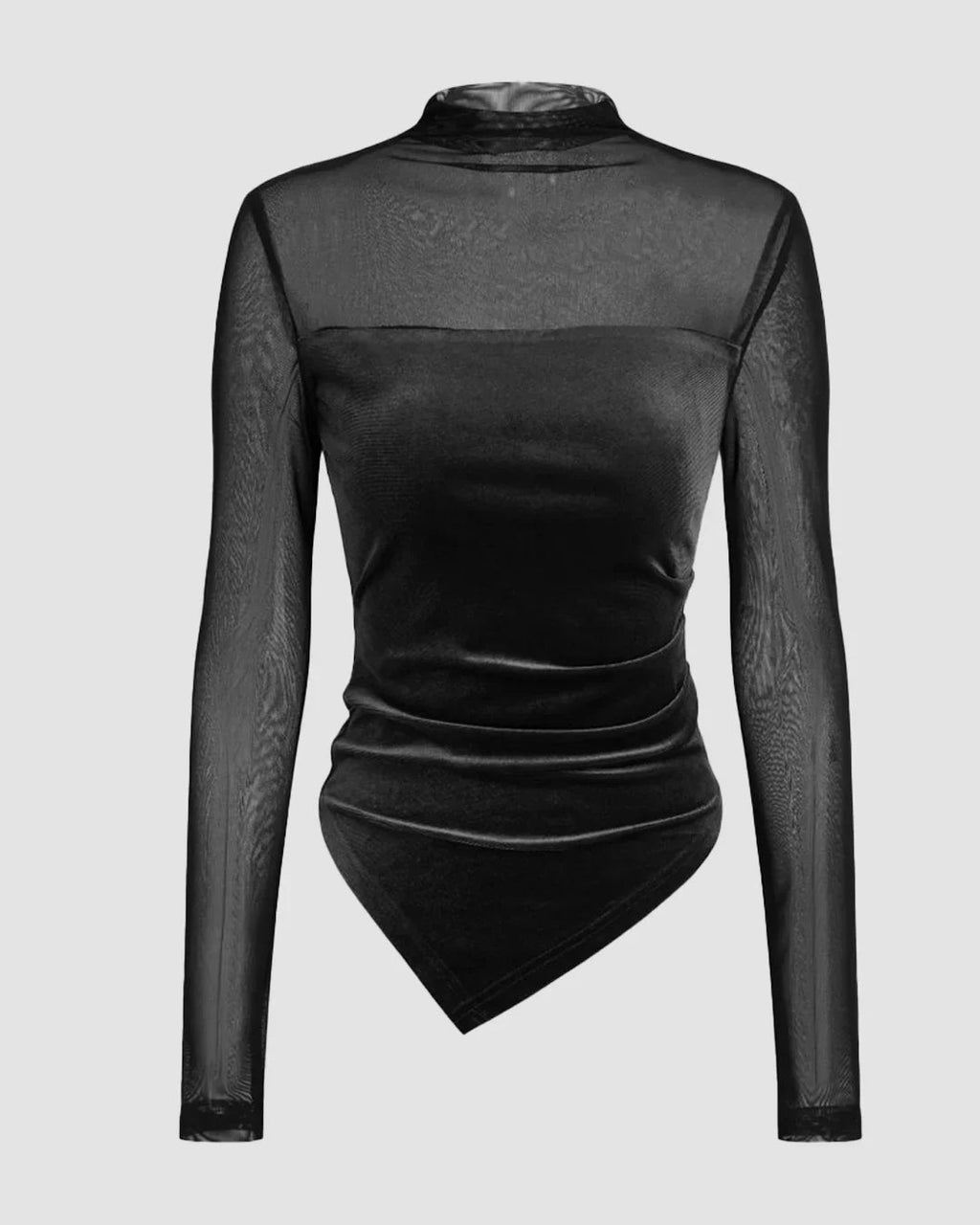 Velvet High Neck Patched Asymmetrical Ruched Top in Black
