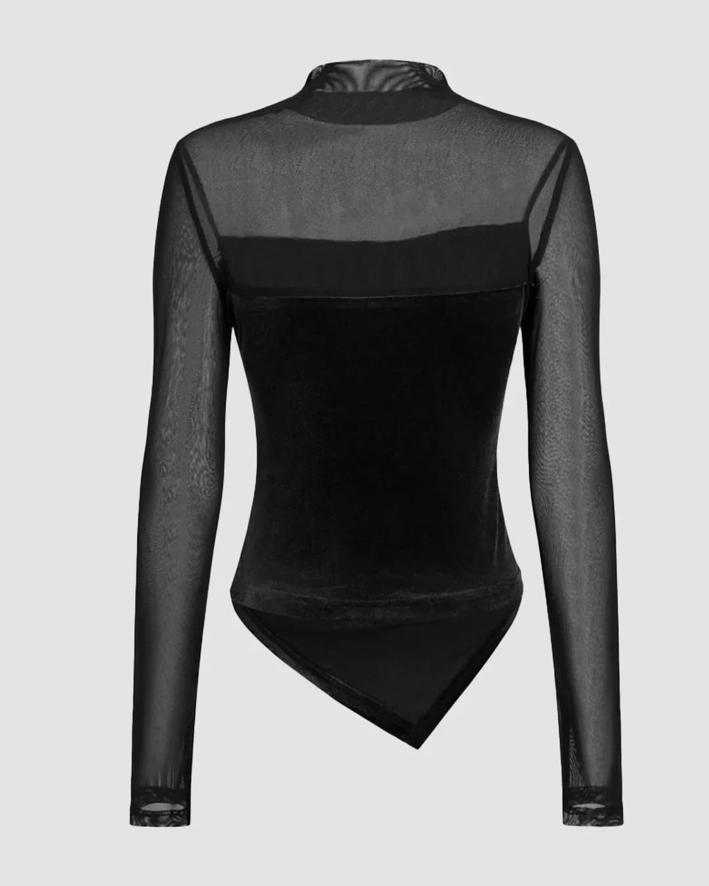 Velvet High Neck Patched Asymmetrical Ruched Top in Black