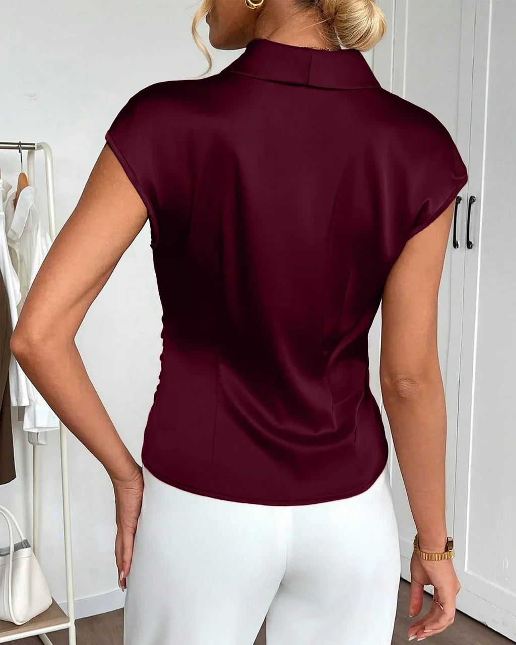Shawl Collar Ruched Asymmetric Hem Top in Maroon