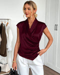 Shawl Collar Ruched Asymmetric Hem Top in Maroon