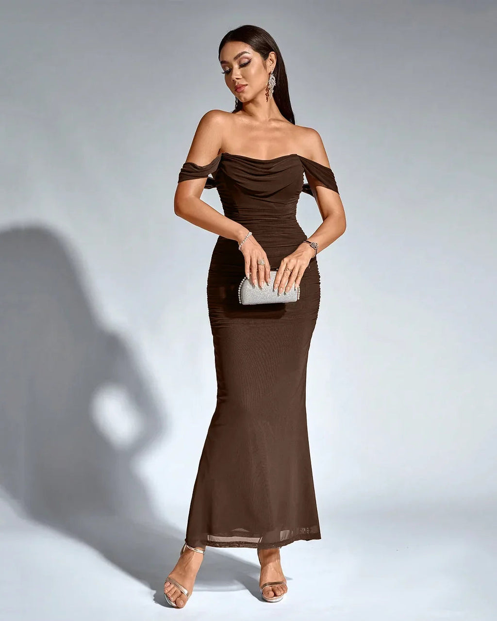Off-Shoulder Ruched Bodycon Straight Hem Solid Sleeveless Maxi Dress in Coco