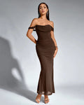 Off-Shoulder Ruched Bodycon Straight Hem Solid Sleeveless Maxi Dress in Coco