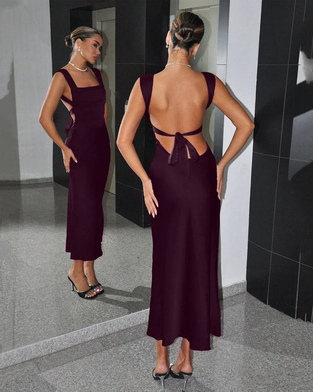 Square Neck Backless Satin Maxi Dress in Maroon