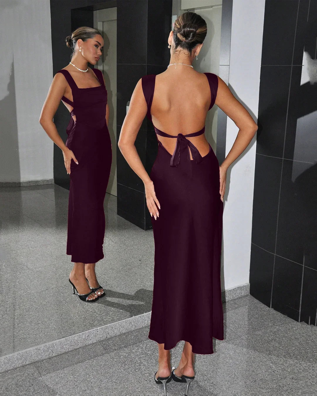 Square Neck Backless Satin Maxi Dress in Maroon