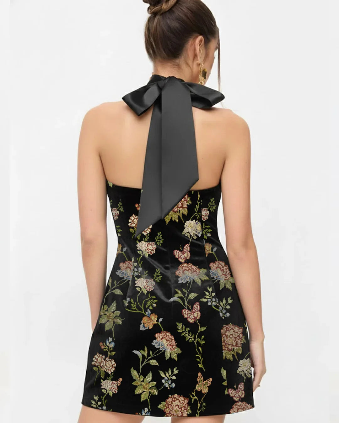 Jacquard Floral A-line Mini Dress with Bowknot scarf