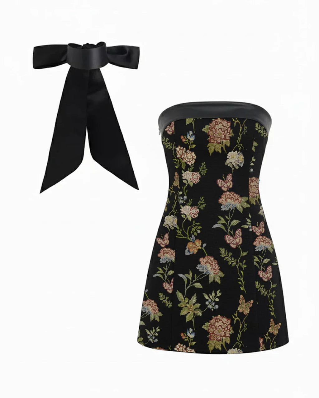 Jacquard Floral A-line Mini Dress with Bowknot scarf
