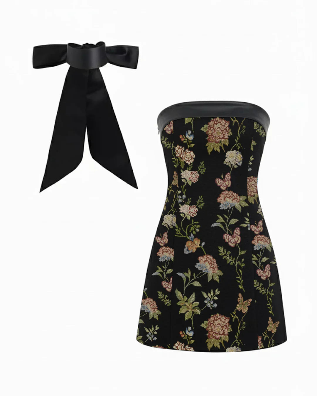 Jacquard Floral A-line Mini Dress with Bowknot scarf