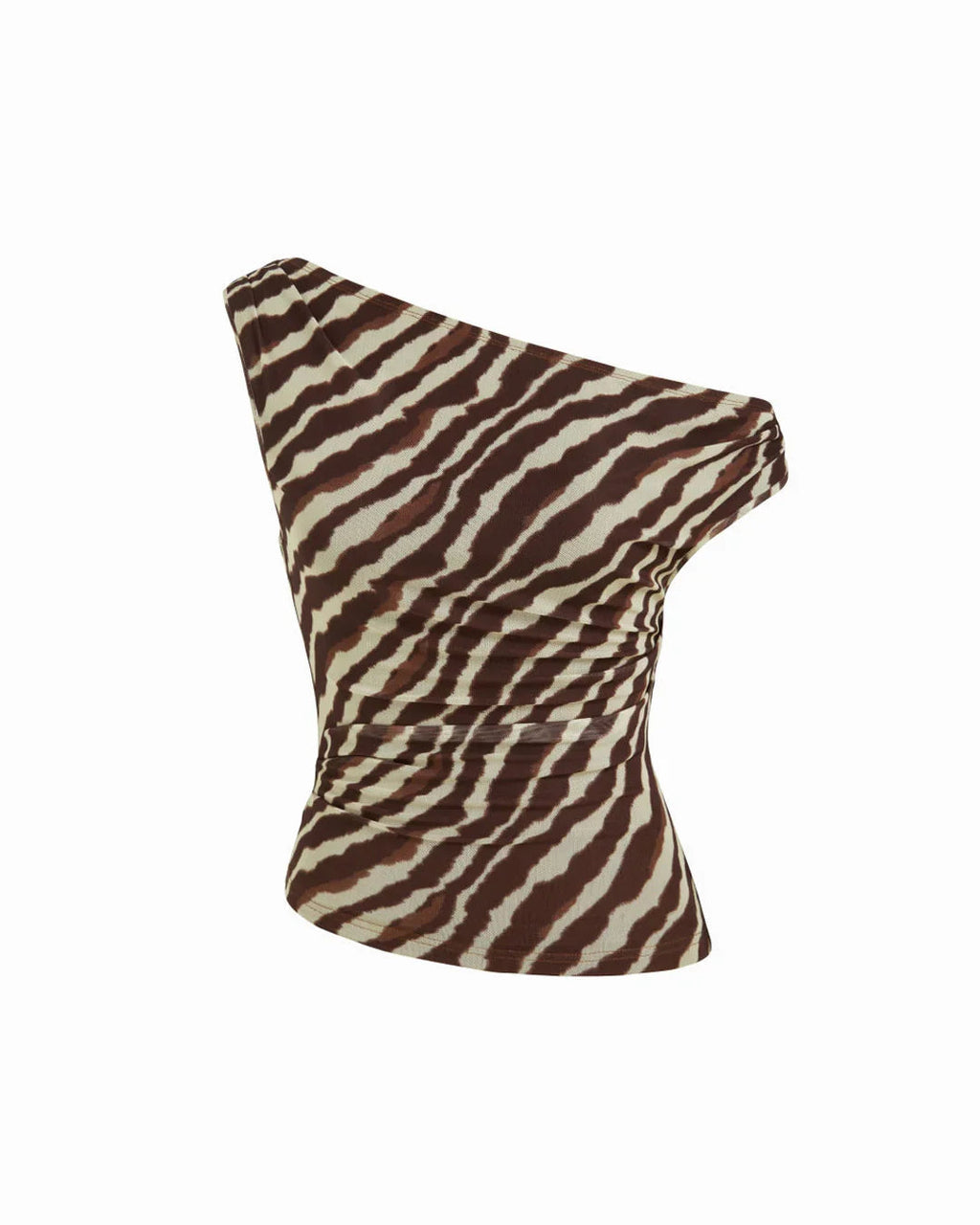 Mesh Zebra Striped Asymmetrical Neck Ruched Top