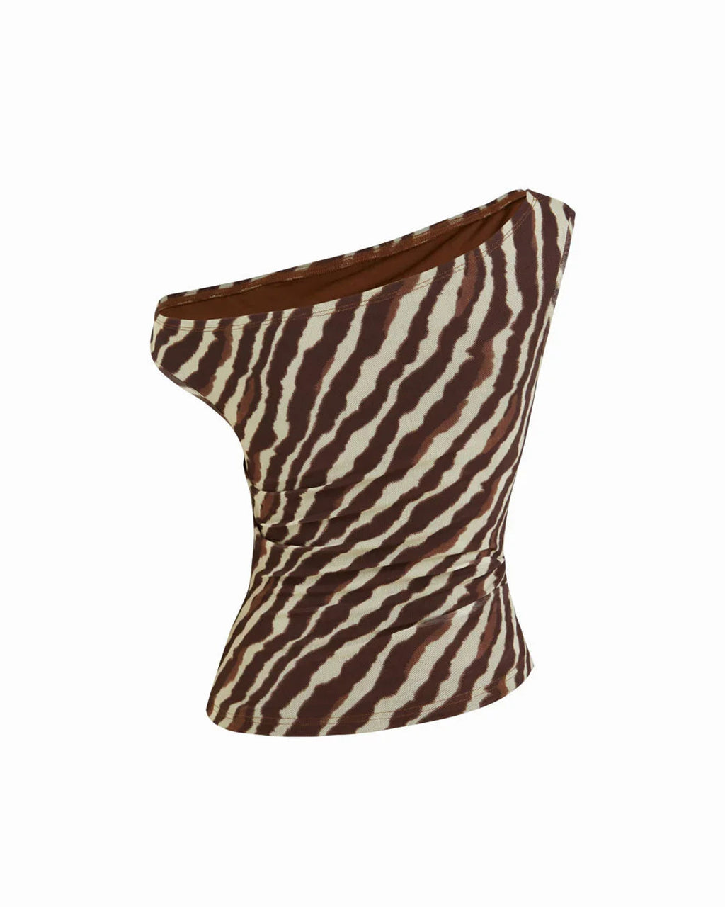 Mesh Zebra Striped Asymmetrical Neck Ruched Top