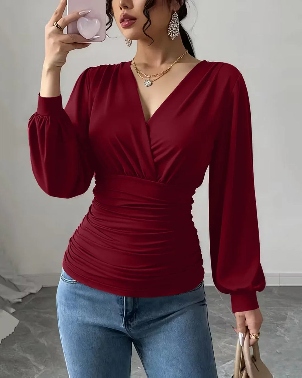 Burgundy Crossover V Neck Ruffled Waist Bubble Long Sleeve Top