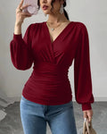Burgundy Crossover V Neck Ruffled Waist Bubble Long Sleeve Top