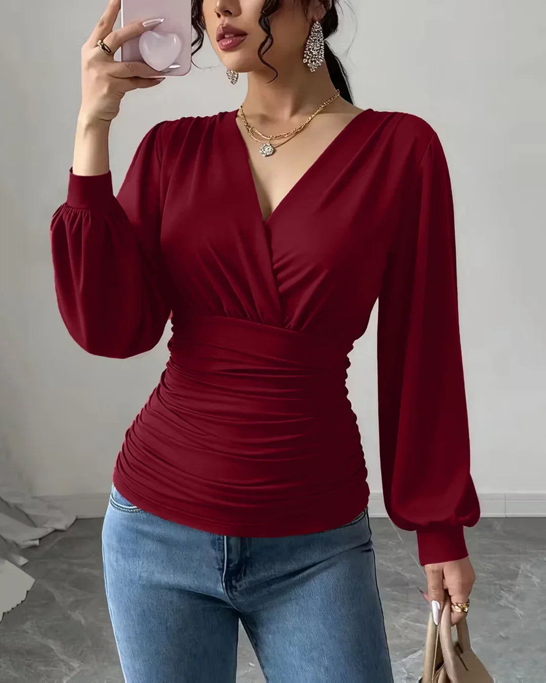 Burgundy Crossover V Neck Ruffled Waist Bubble Long Sleeve Top