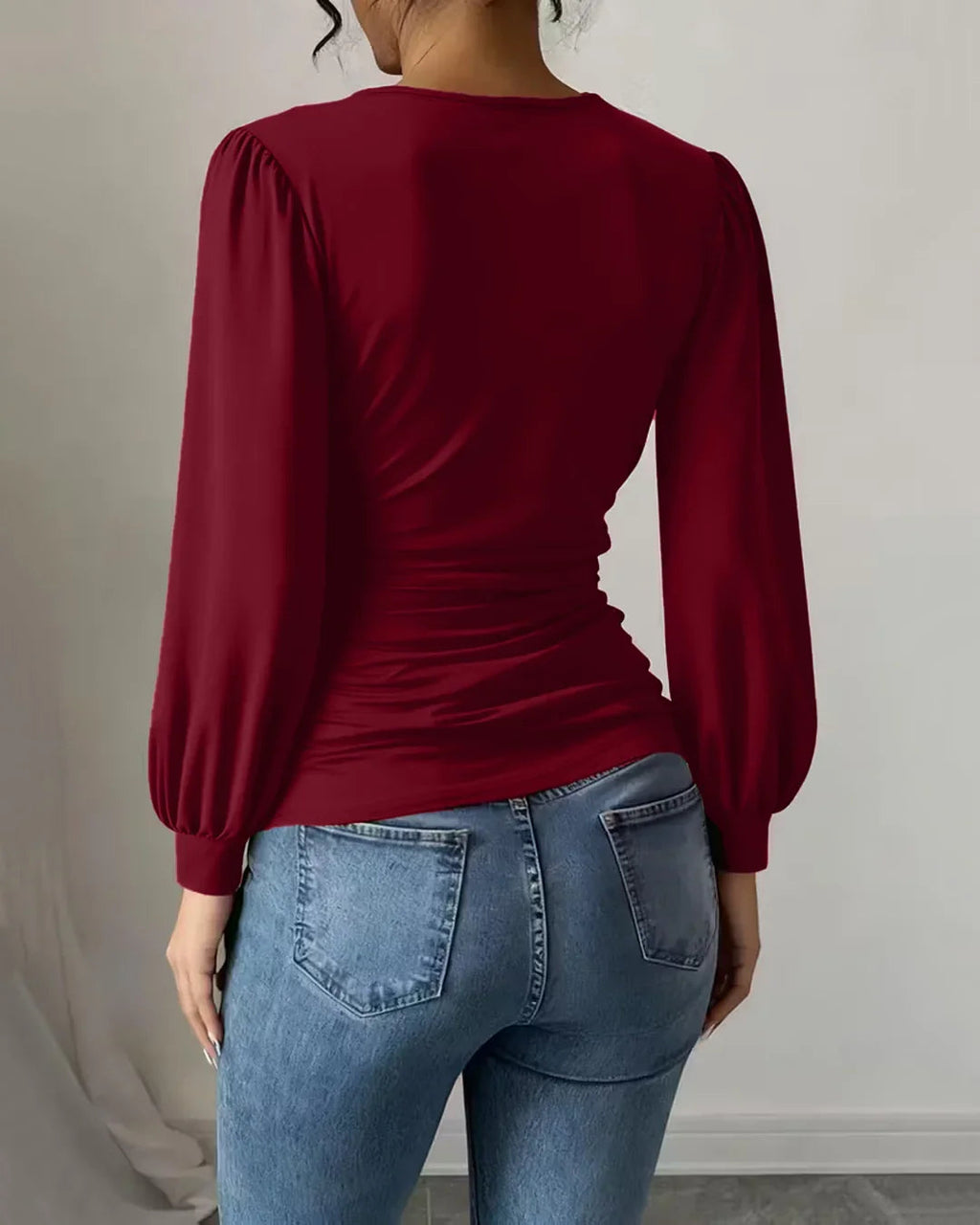 Burgundy Crossover V Neck Ruffled Waist Bubble Long Sleeve Top