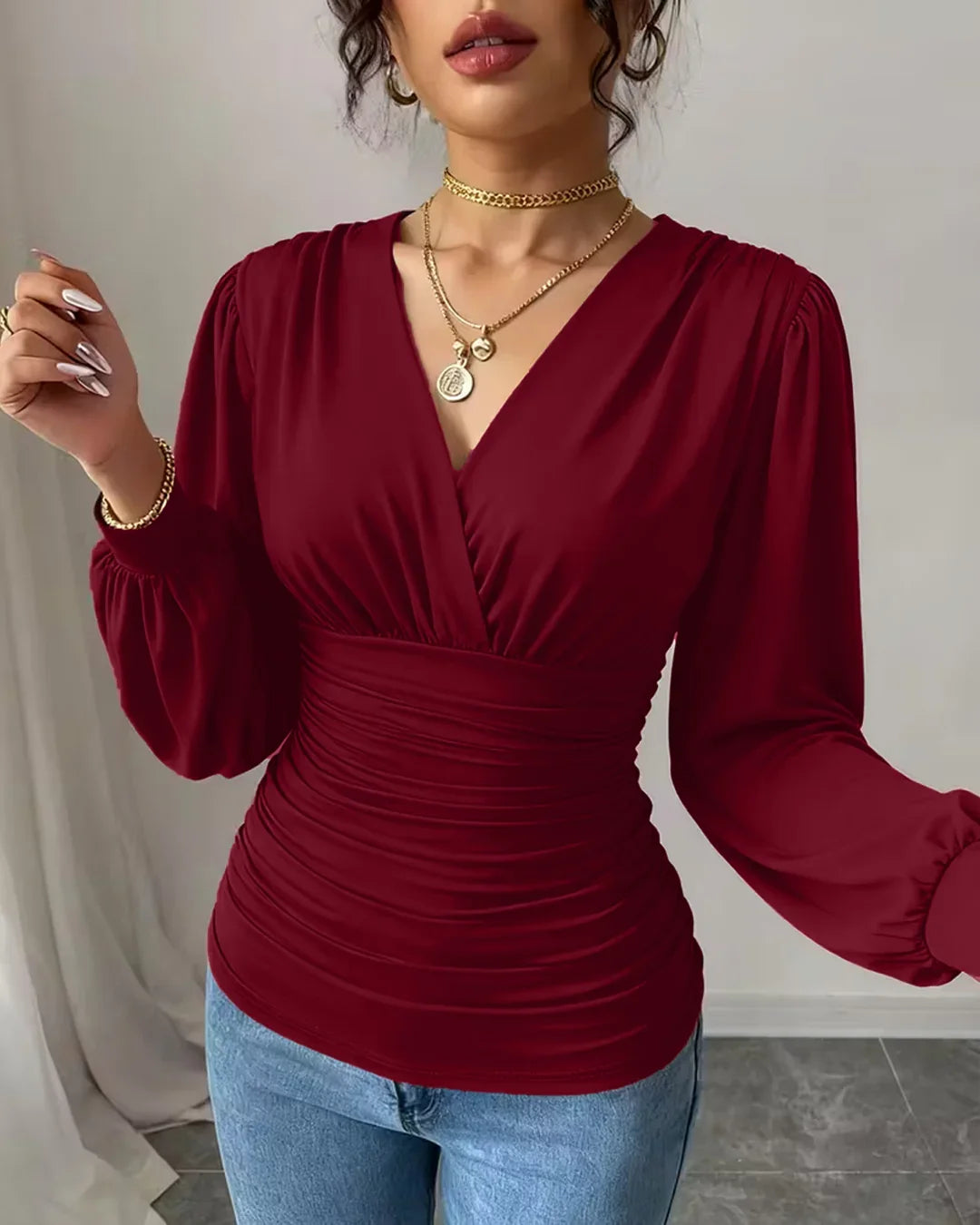 Burgundy Crossover V Neck Ruffled Waist Bubble Long Sleeve Top