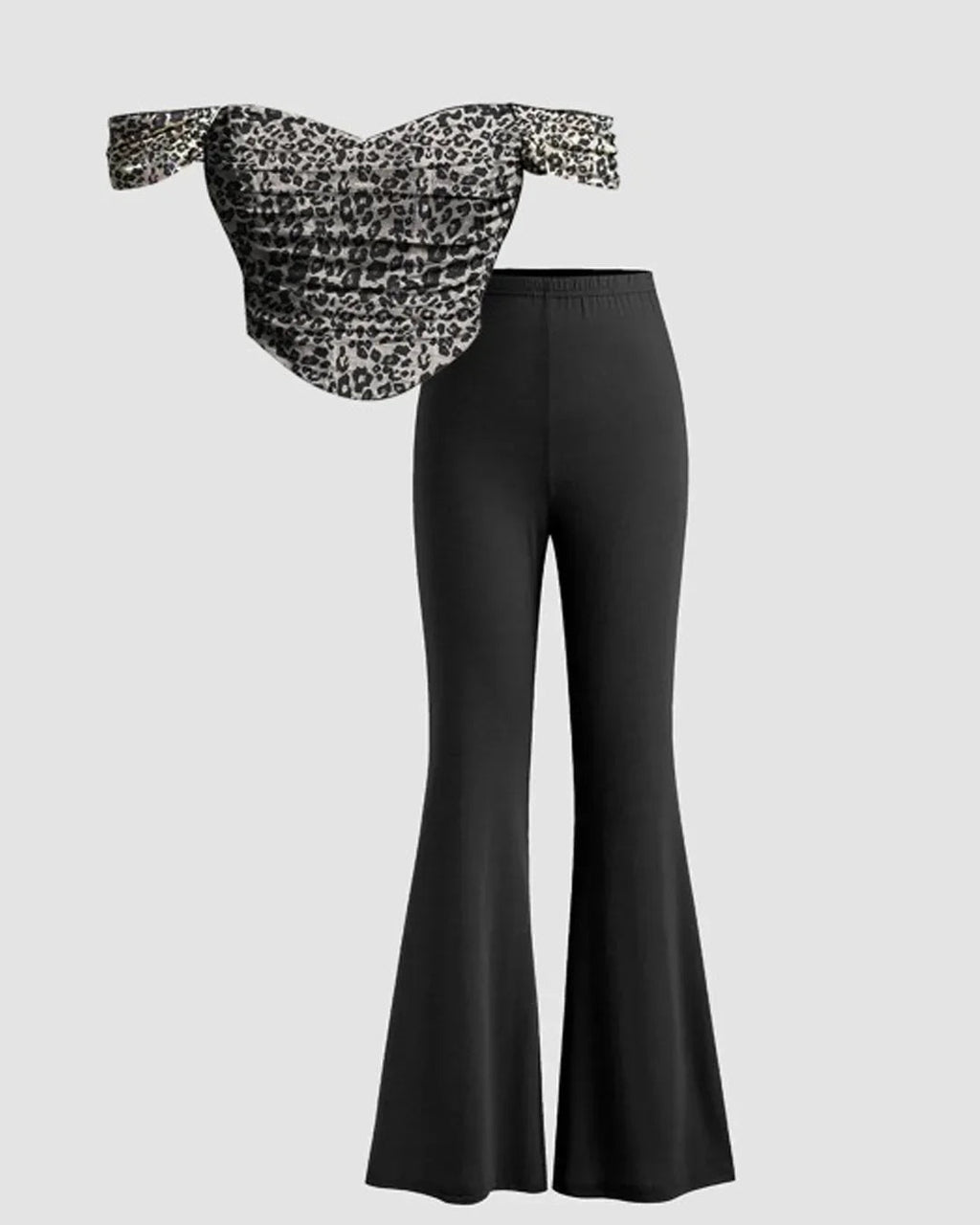 Off-Shoulder Leopard Printed Crop Top & Flared Pants Set