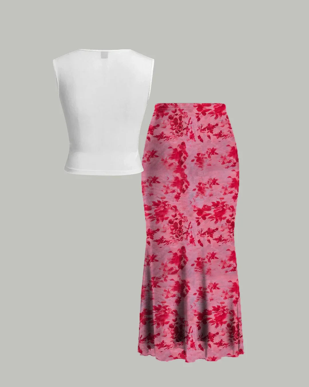 Long Sleeve Fitted Top & Floral Print Midi Skirt Co-ords Set