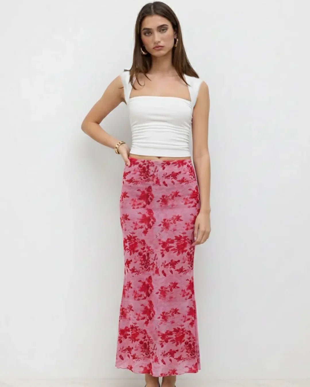 Long Sleeve Fitted Top & Floral Print Midi Skirt Co-ords Set