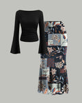 Long Sleeve Fitted Top & Floral Print Midi Skirt Co-ords Set