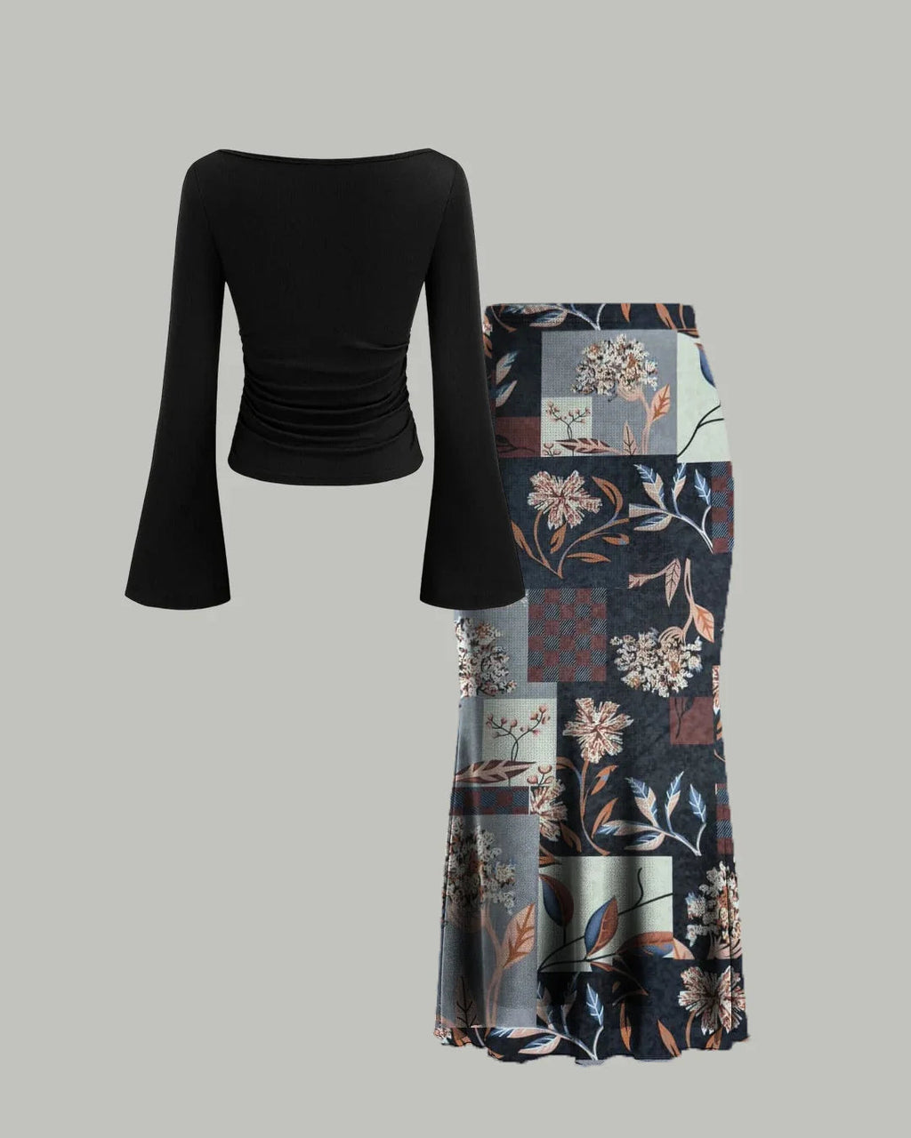 Long Sleeve Fitted Top & Floral Print Midi Skirt Co-ords Set