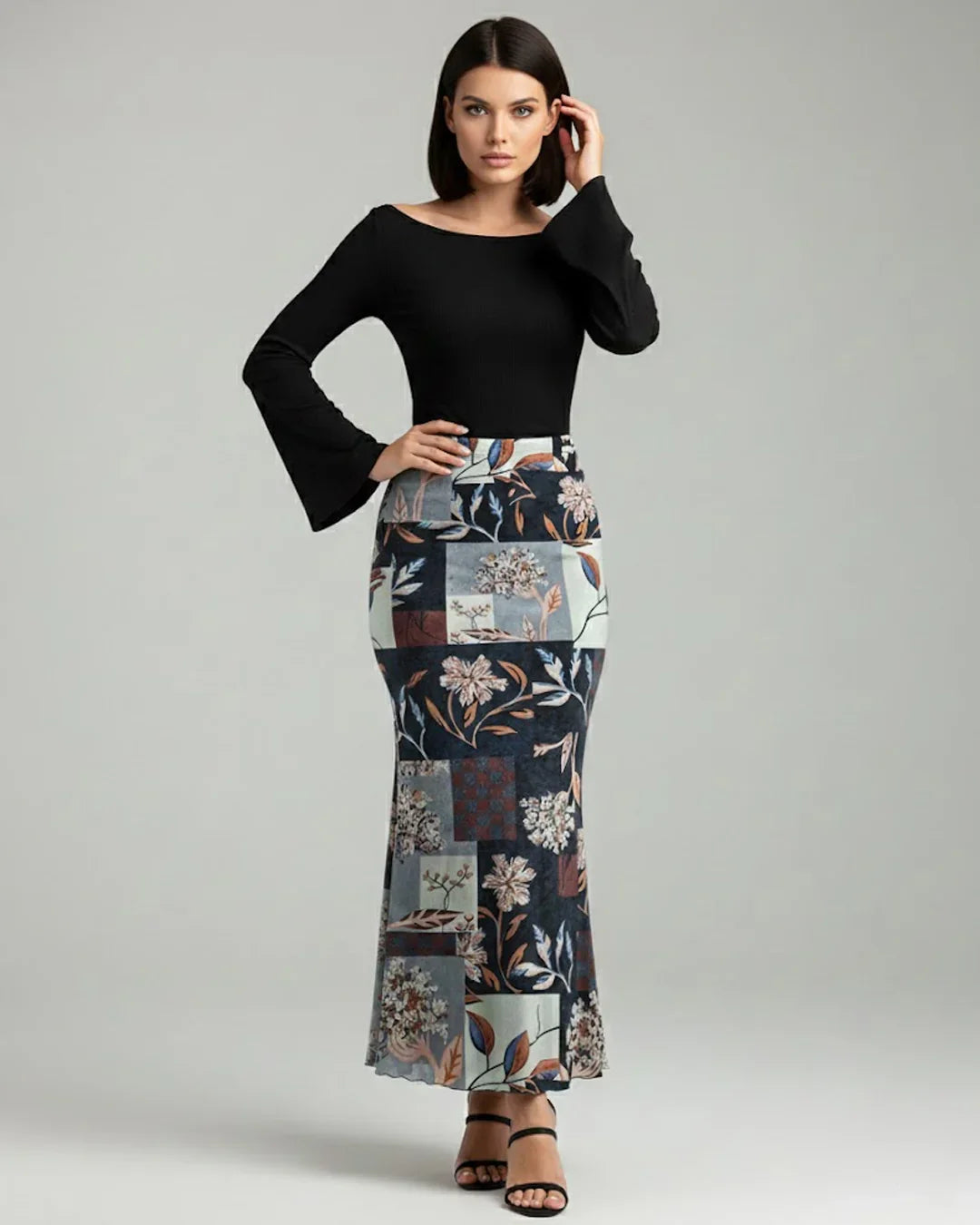 Long Sleeve Fitted Top & Floral Print Midi Skirt Co-ords Set