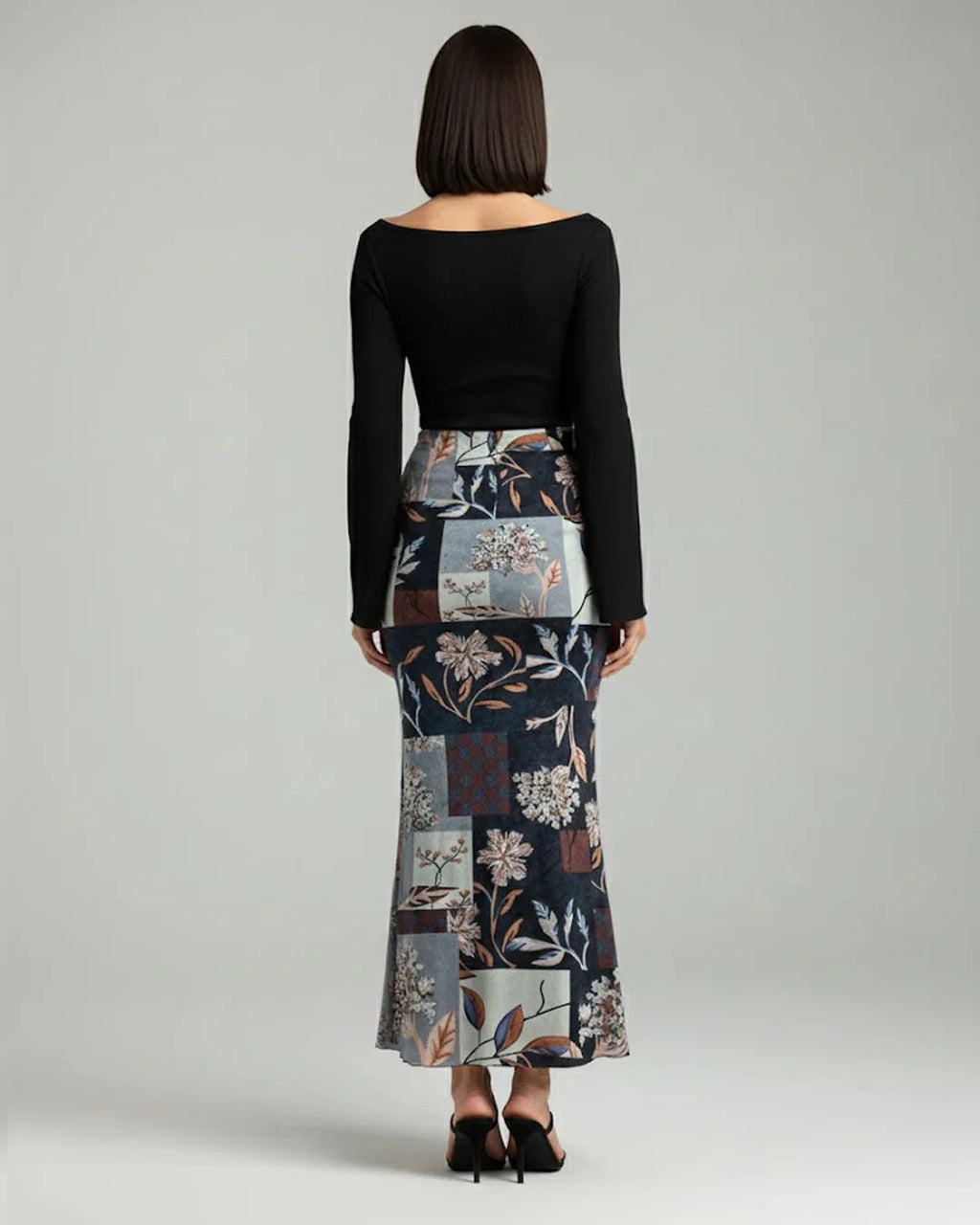 Long Sleeve Fitted Top & Floral Print Midi Skirt Co-ords Set