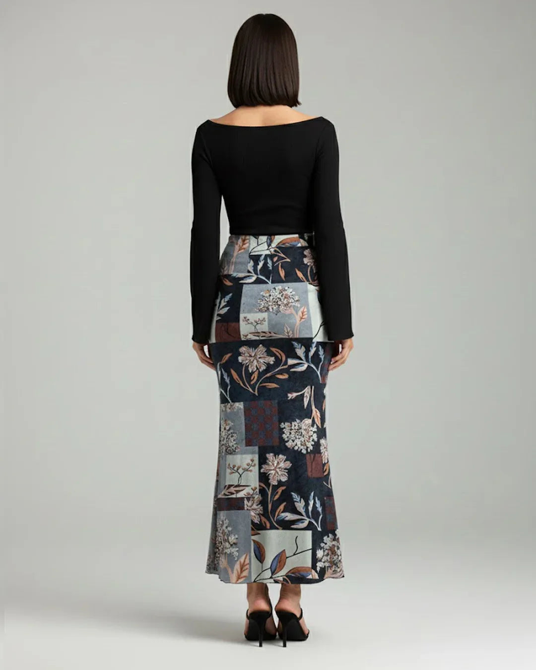 Long Sleeve Fitted Top & Floral Print Midi Skirt Co-ords Set