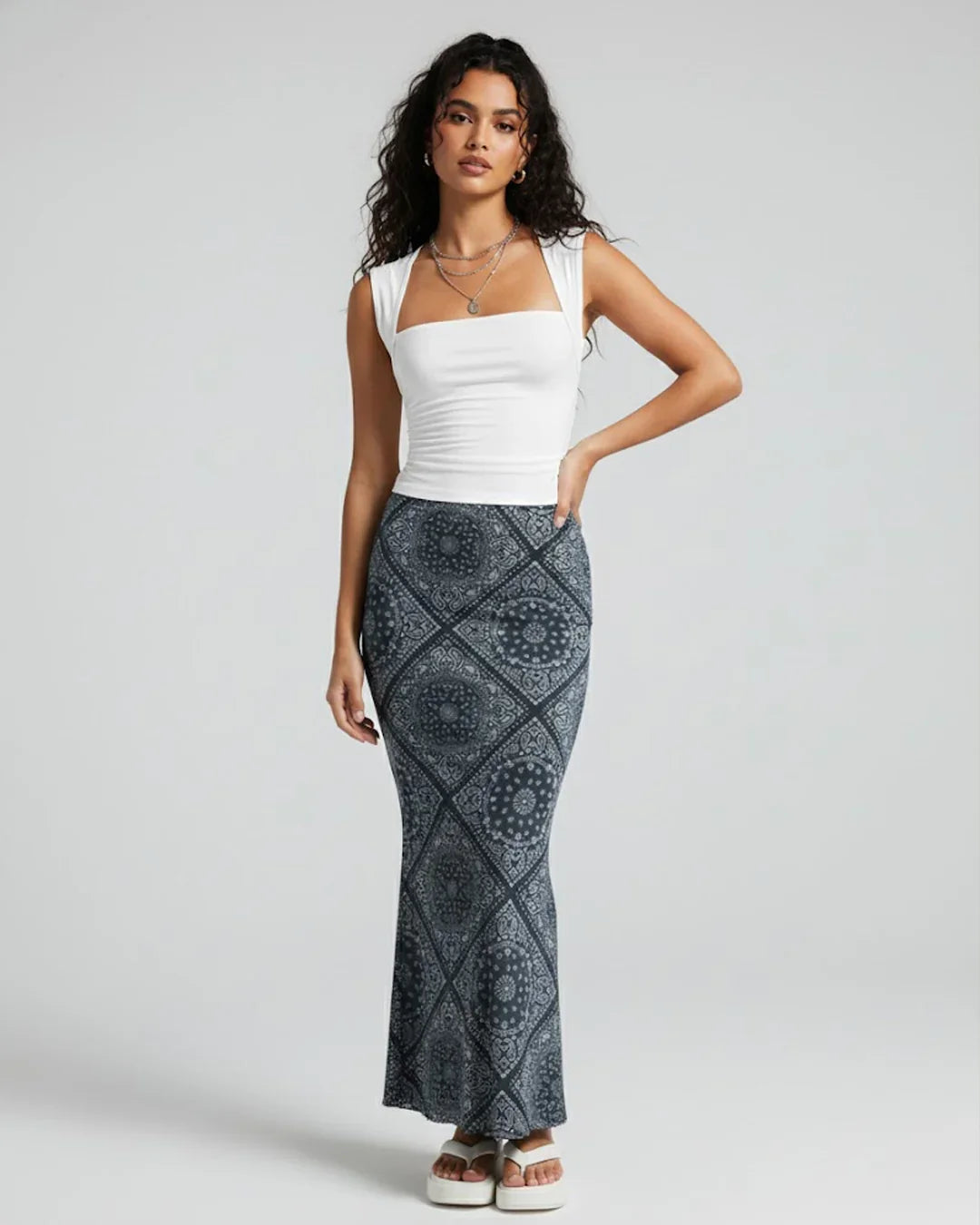 Sleeveless Fitted Top & Printed Midi Skirt Co-ords Set