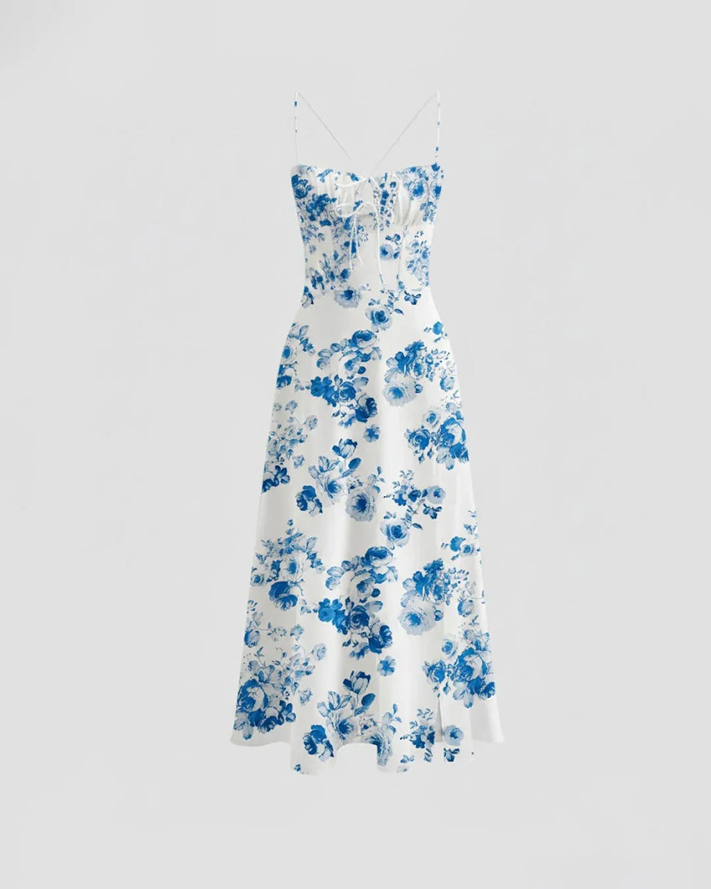 White & Blue Floral Spaghetti-Strap Midi Dress
