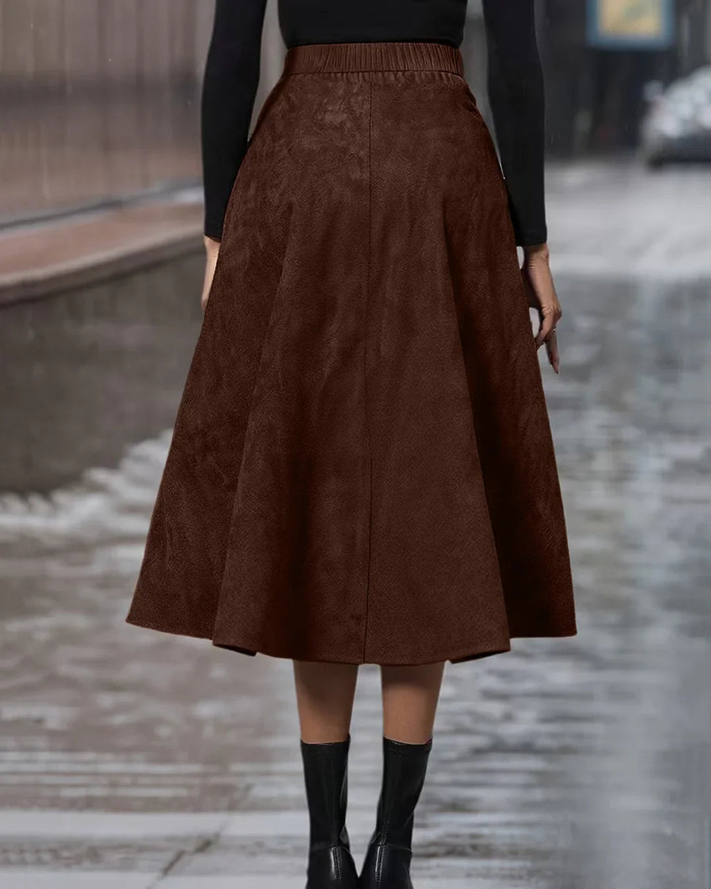 Solid Color Asymmetric Hem Ruffle Slim Fit Skirt in Brown
