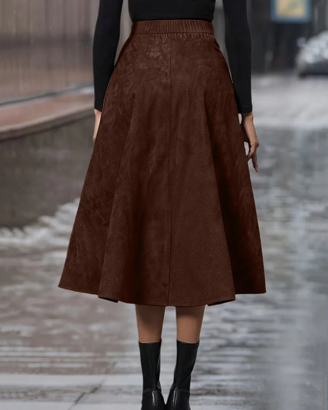 Solid Color Asymmetric Hem Ruffle Slim Fit Skirt in Brown
