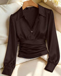 Coffee Solid Color Satin Long Sleeve Collared Waist Top