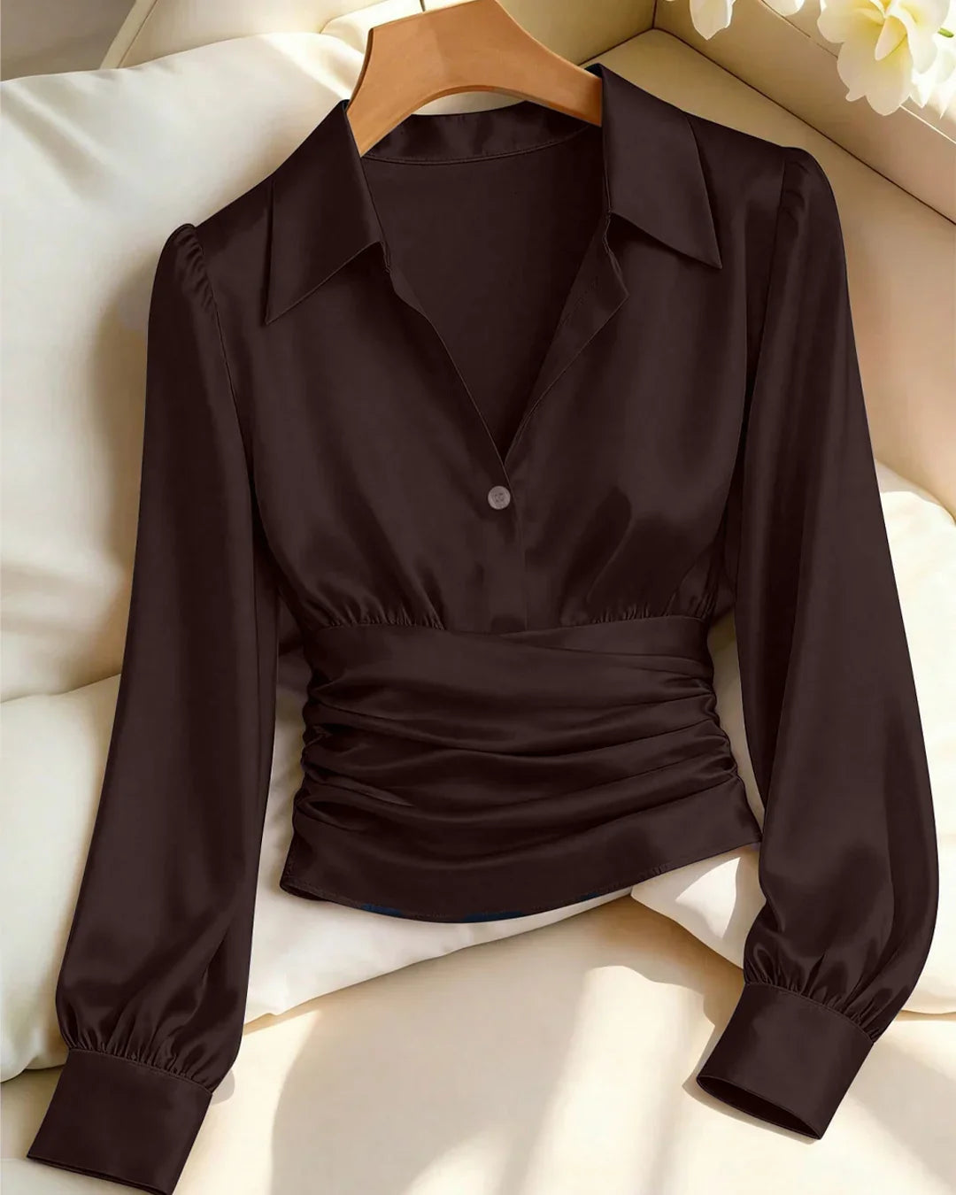 Coffee Solid Color Satin Long Sleeve Collared Waist Top