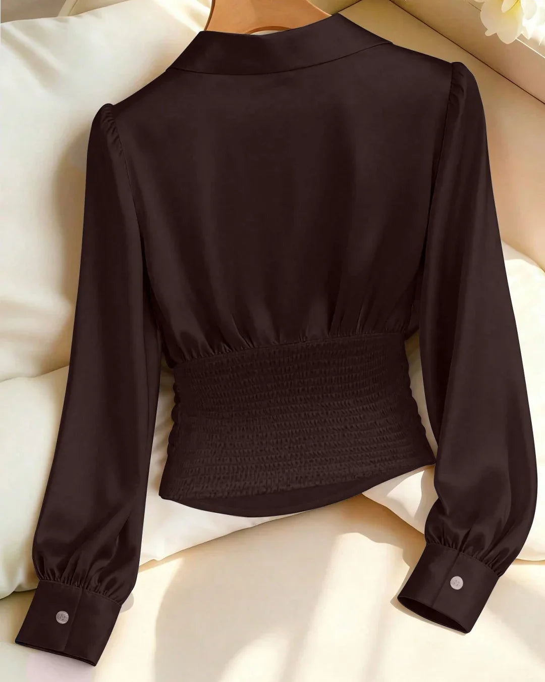 Coffee Solid Color Satin Long Sleeve Collared Waist Top
