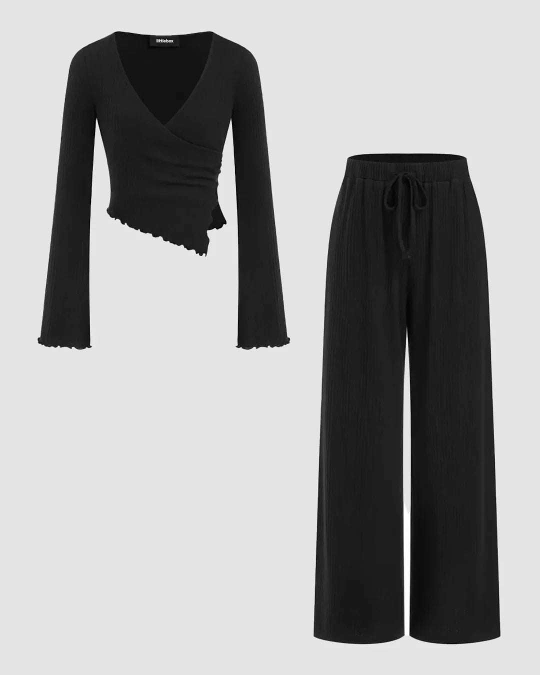 V-neck Bell Sleeve Ruched Asymmetrical Top & Straight Leg Trousers Set in Black