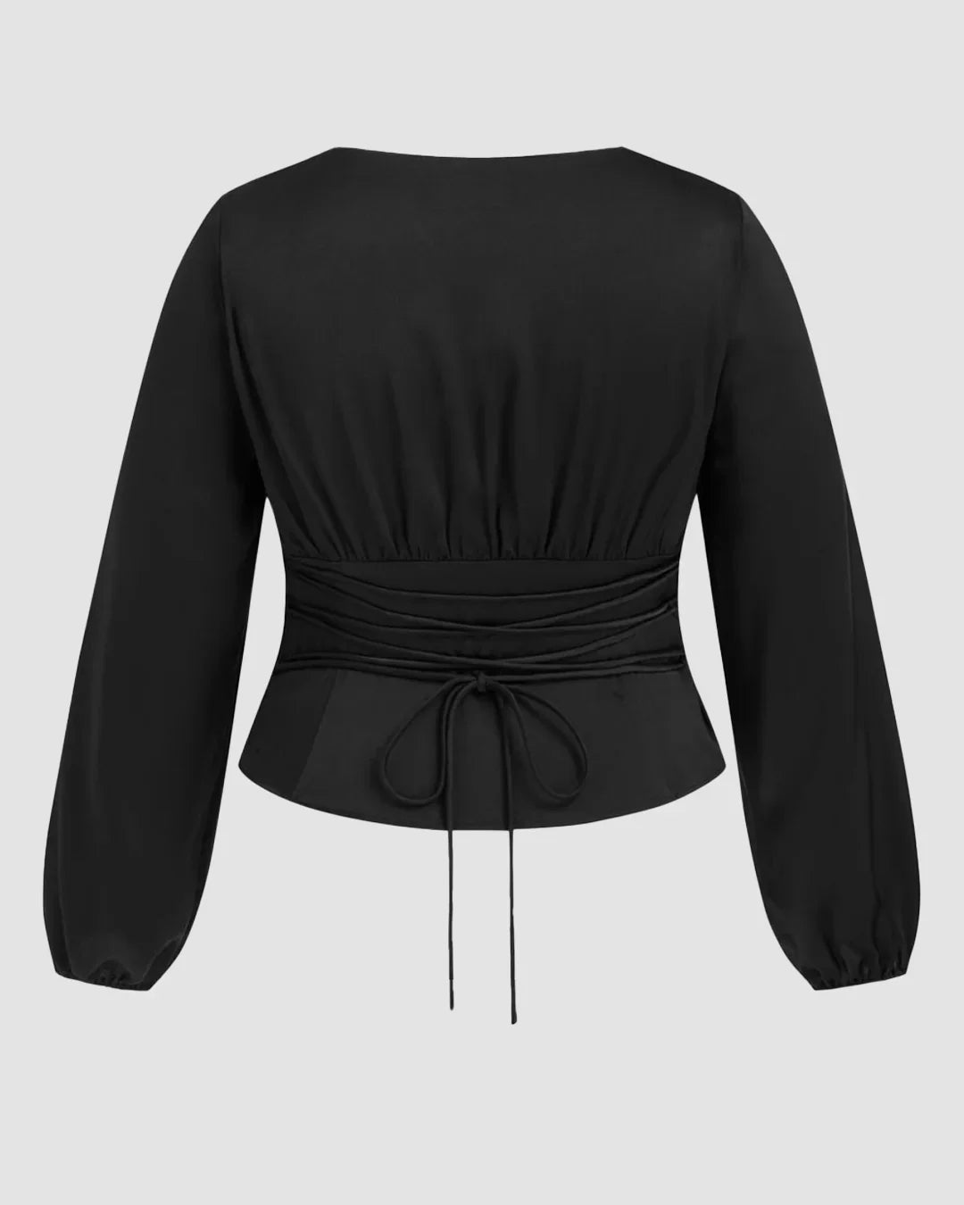 Satin V-neck Tie Back Long Sleeve Top Curve & Plus in Black