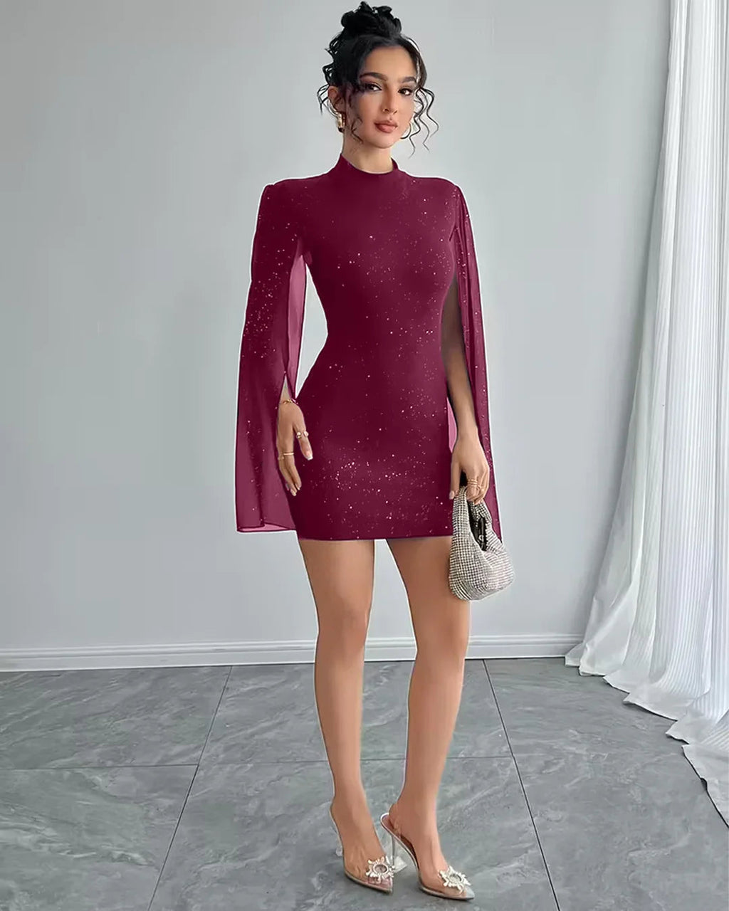 Bodycon Mini Dress Crew Neck Lantern Sleeves in Maroon