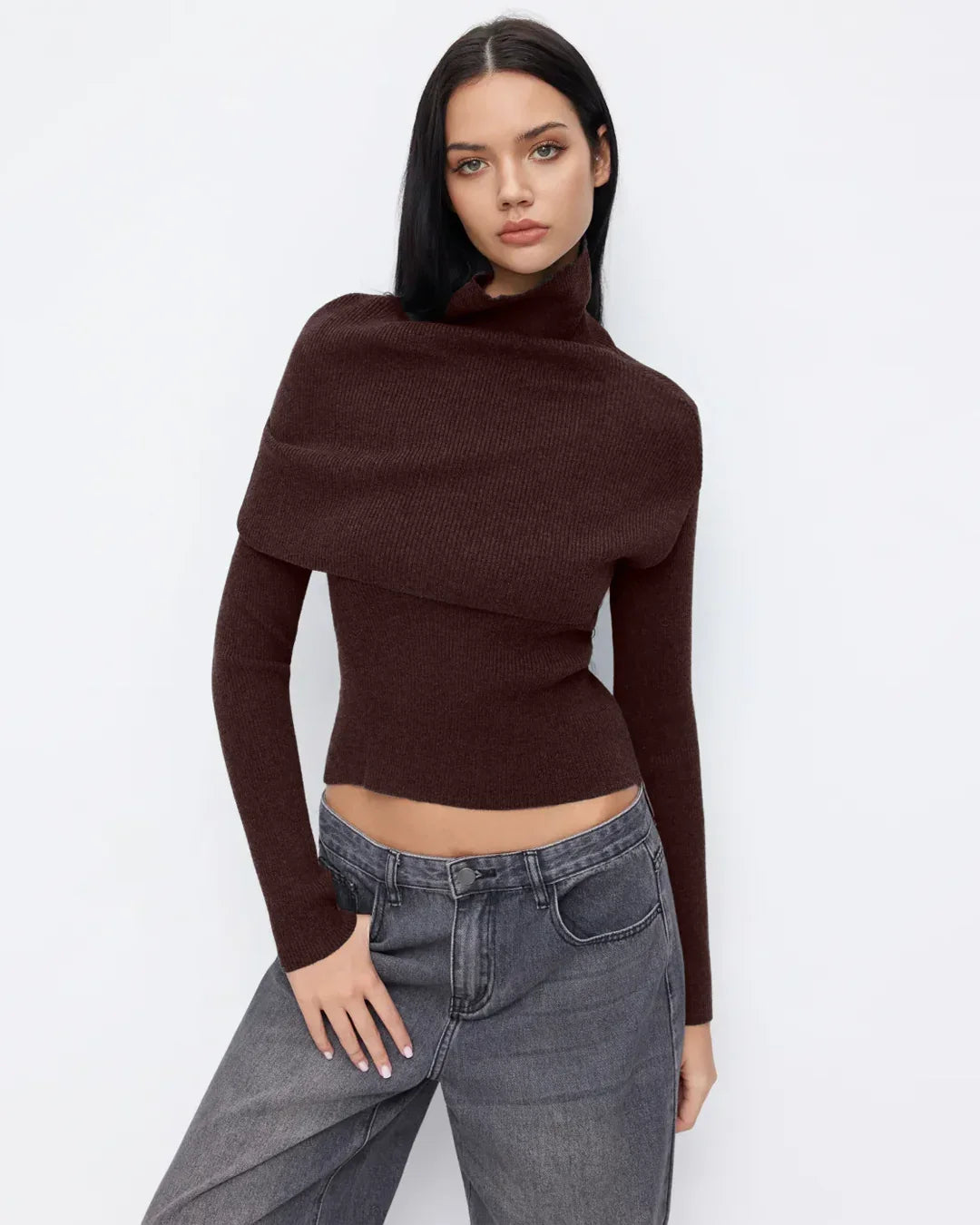 Round Neckline Long Sleeve Top With High Neck Wrap in Chocolate Fondae