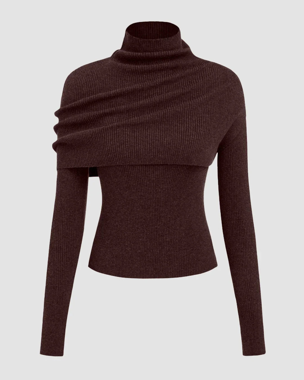 Round Neckline Long Sleeve Top With High Neck Wrap in Chocolate Fondae