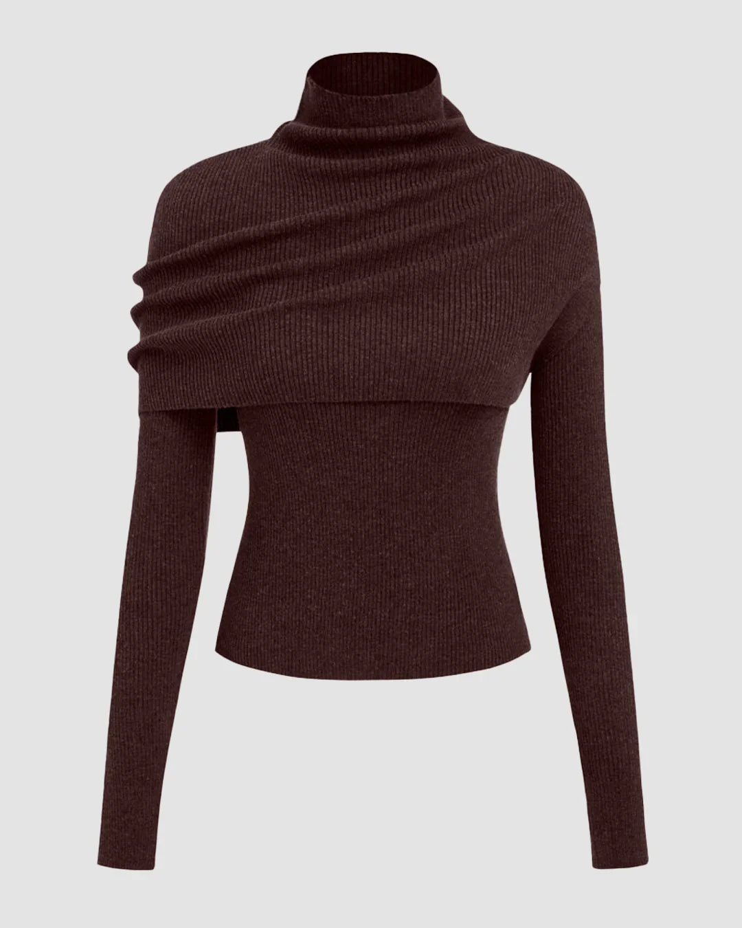 Round Neckline Long Sleeve Top With High Neck Wrap in Chocolate Fondae