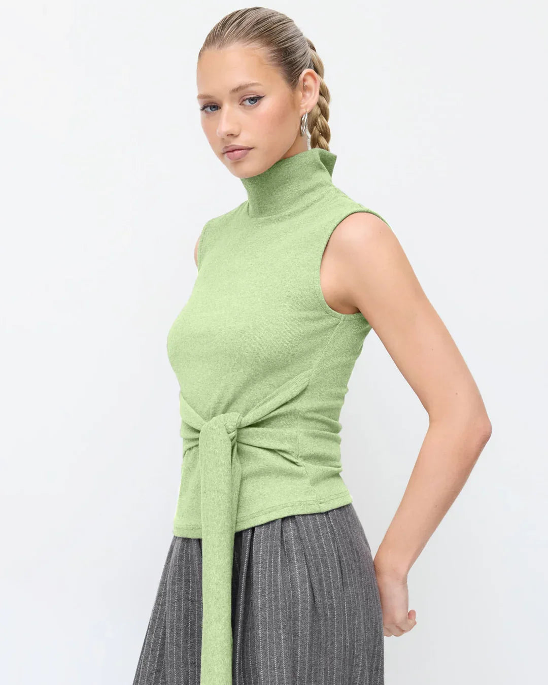 High Neck Sleeveless Knotted Top in Herbal