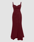 Red Satin Sweetheart Neck Ruched Wrap Slit Maxi Dress