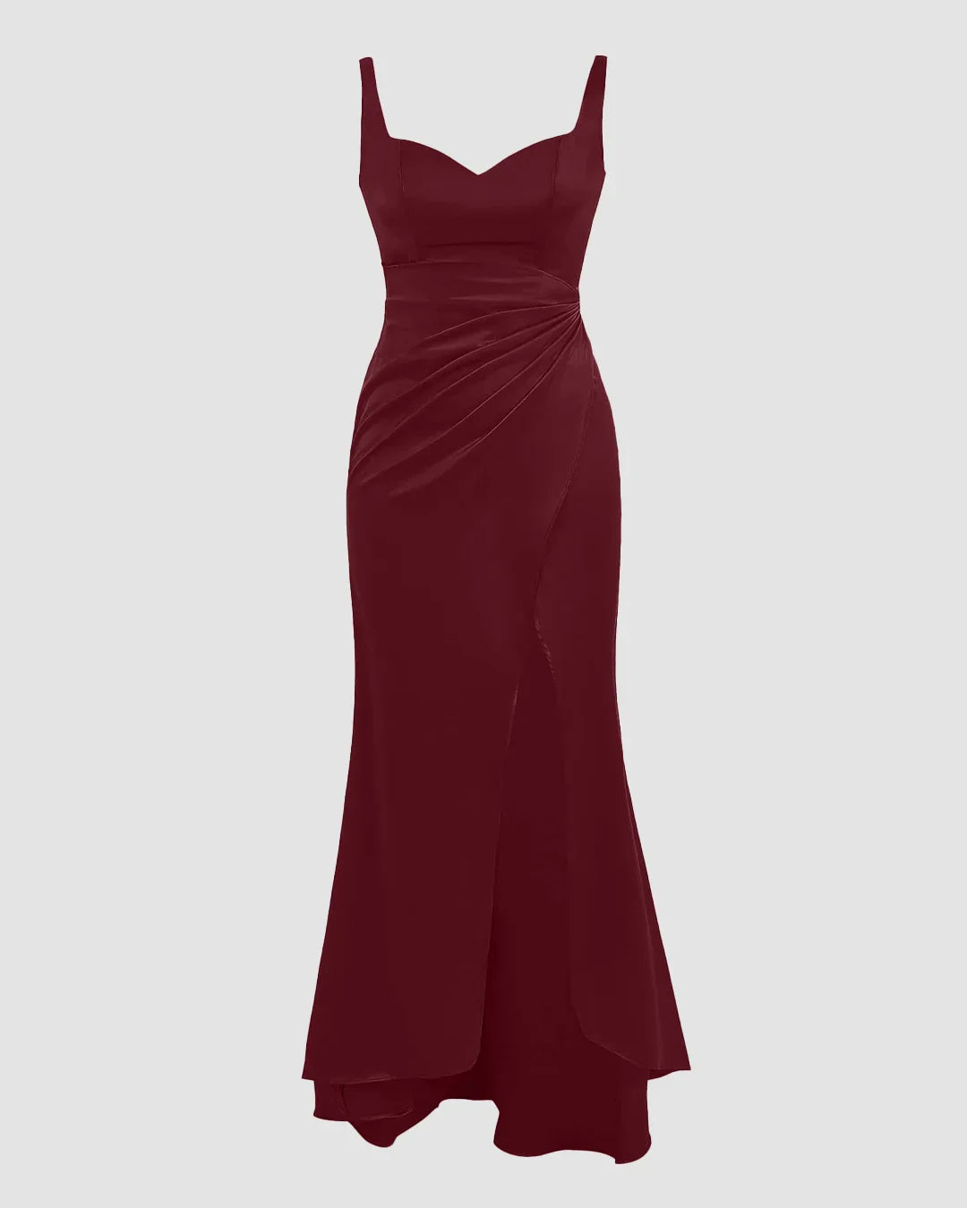 Red Satin Sweetheart Neck Ruched Wrap Slit Maxi Dress