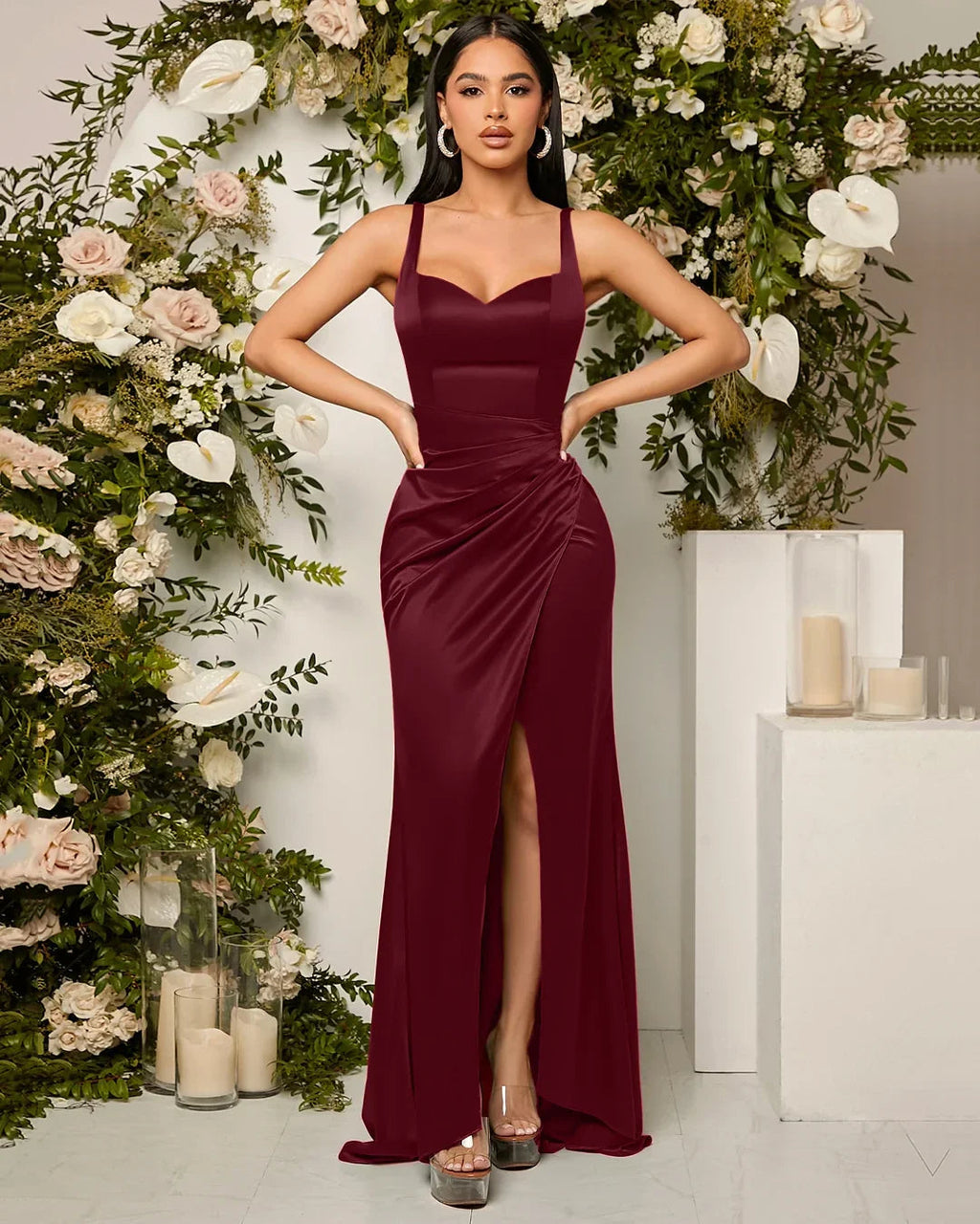 Red Satin Sweetheart Neck Ruched Wrap Slit Maxi Dress