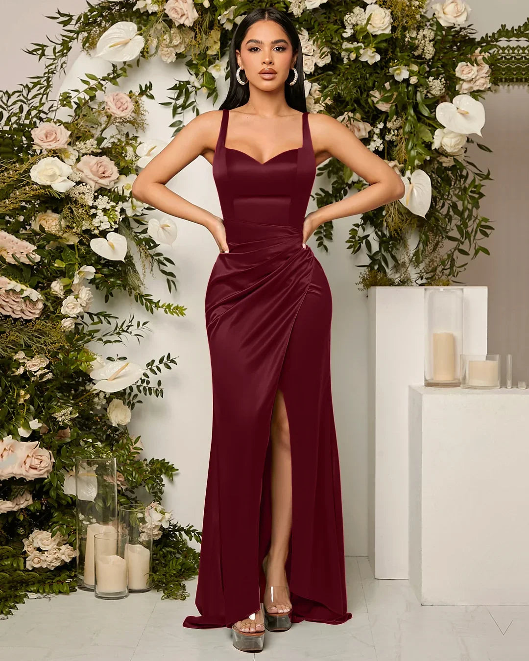 Red Satin Sweetheart Neck Ruched Wrap Slit Maxi Dress
