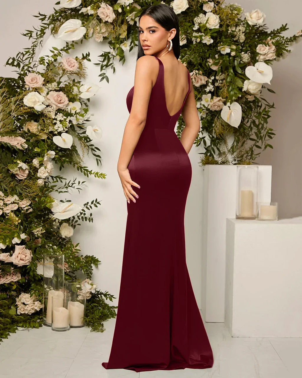 Red Satin Sweetheart Neck Ruched Wrap Slit Maxi Dress