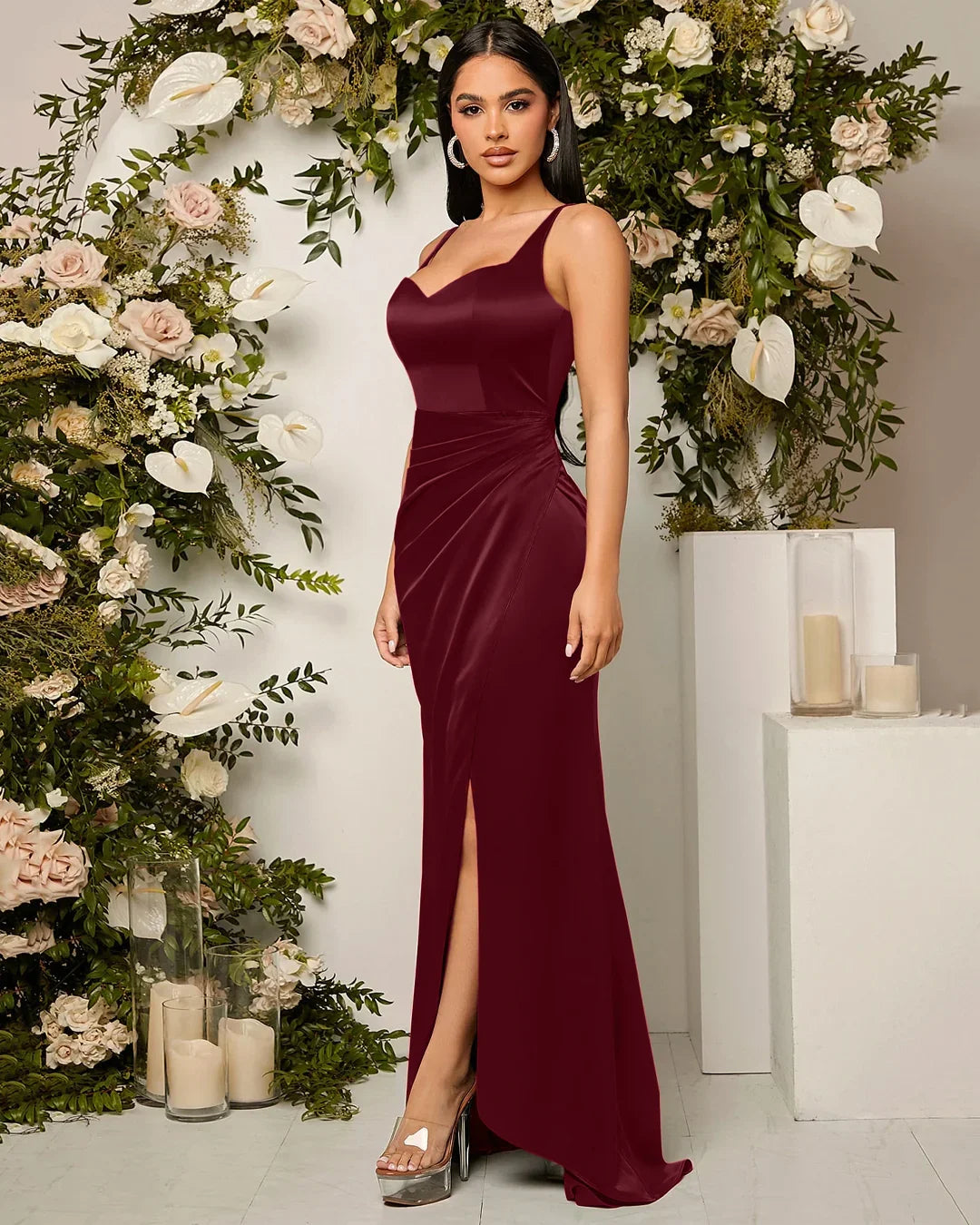 Red Satin Sweetheart Neck Ruched Wrap Slit Maxi Dress