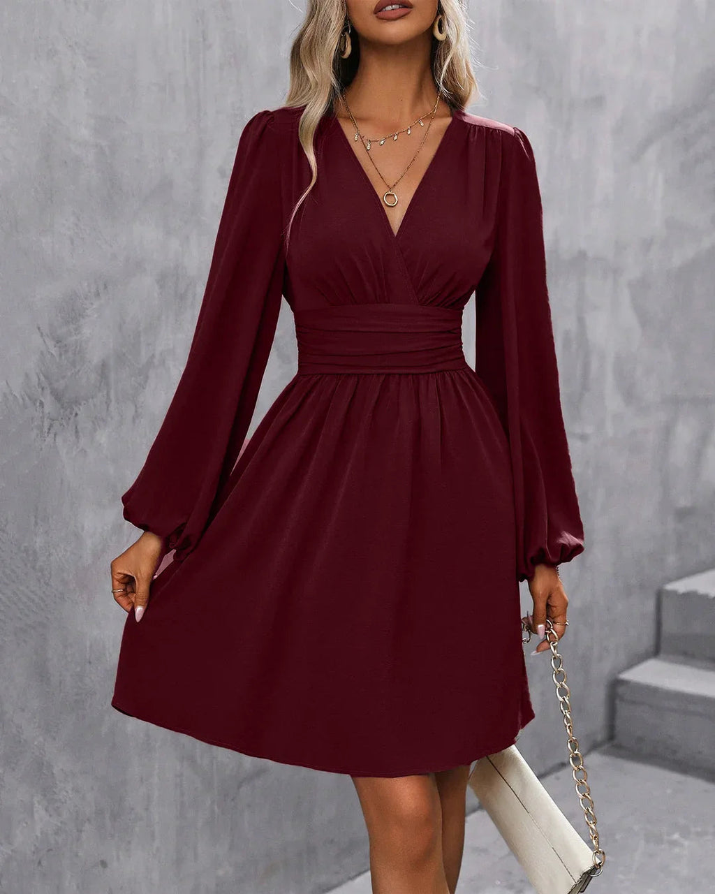 Maroon V-Neck Lantern Sleeve Ruched Waist Mini Dress
