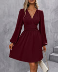 Maroon V-Neck Lantern Sleeve Ruched Waist Mini Dress