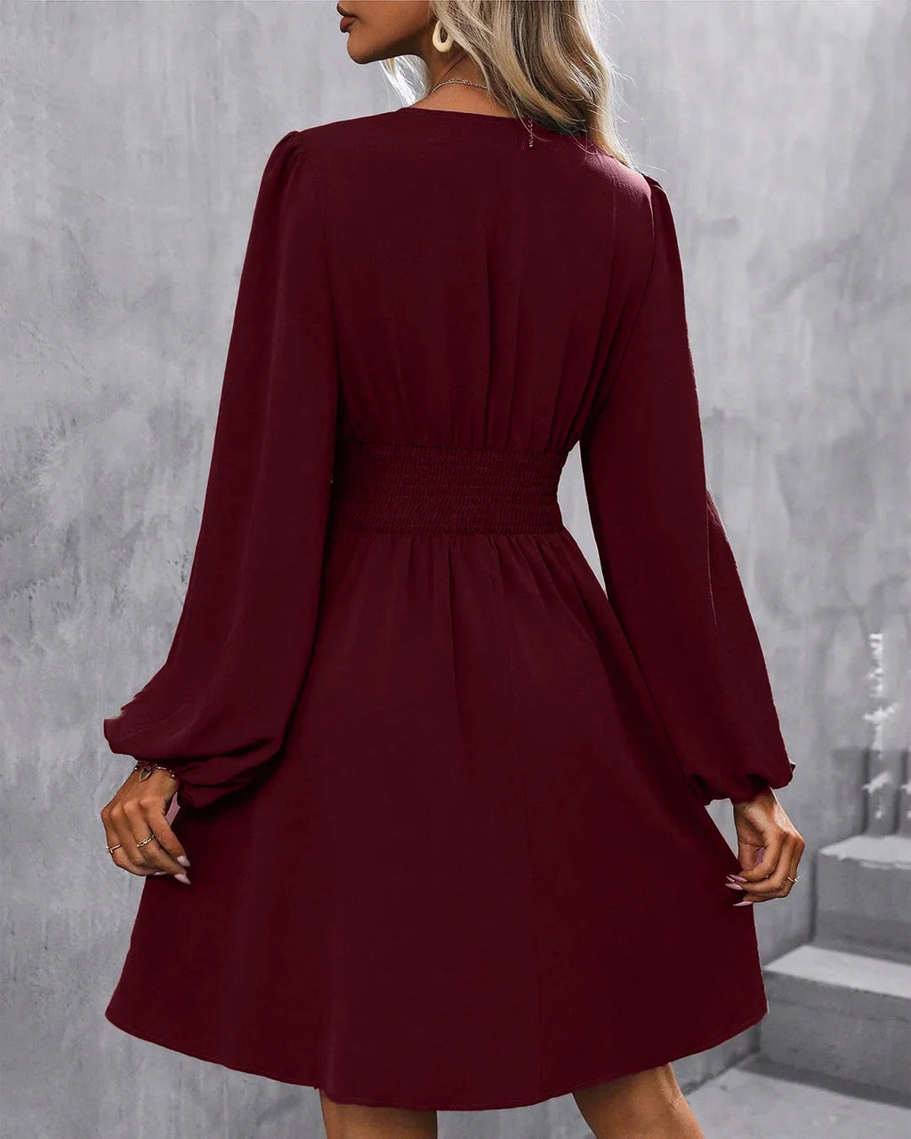 Maroon V-Neck Lantern Sleeve Ruched Waist Mini Dress