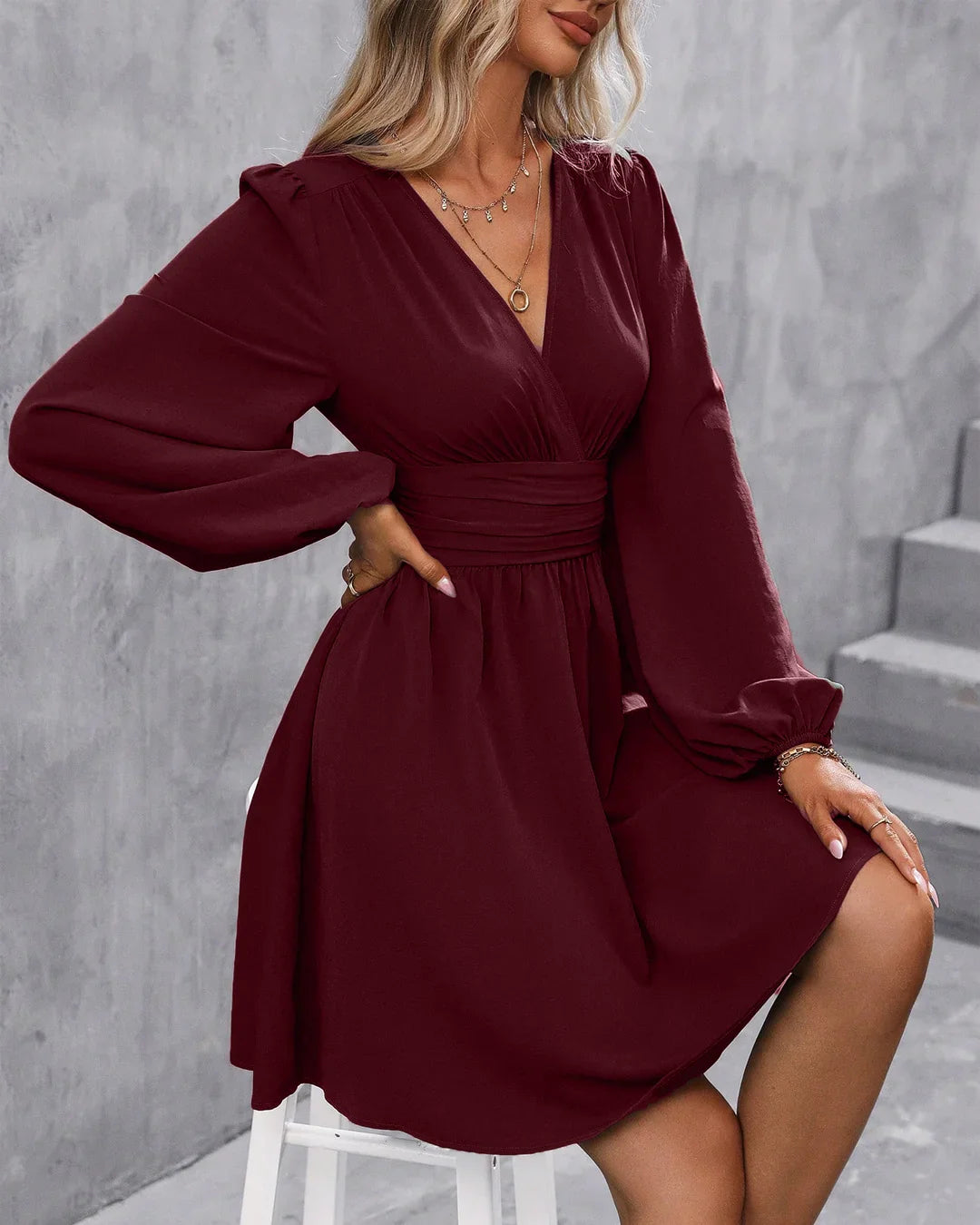 Maroon V-Neck Lantern Sleeve Ruched Waist Mini Dress